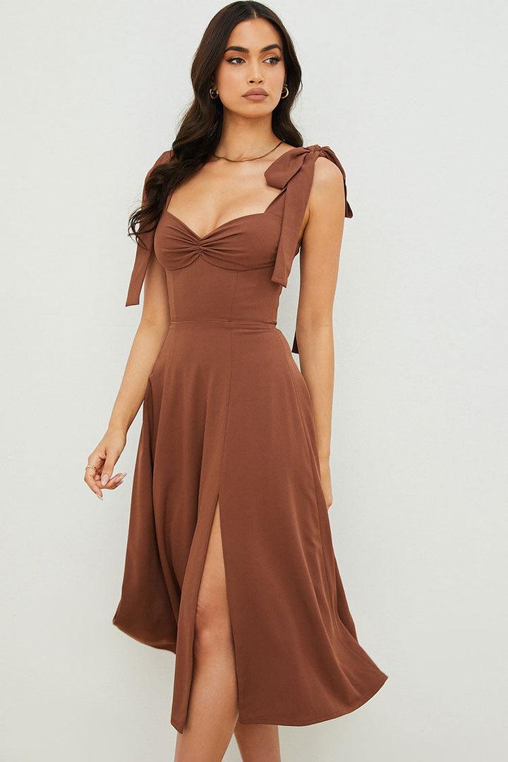 Women’s Midi Slip Dress - Fit and Flare - Ruched Bust - High Slit - Tie Strap Detail