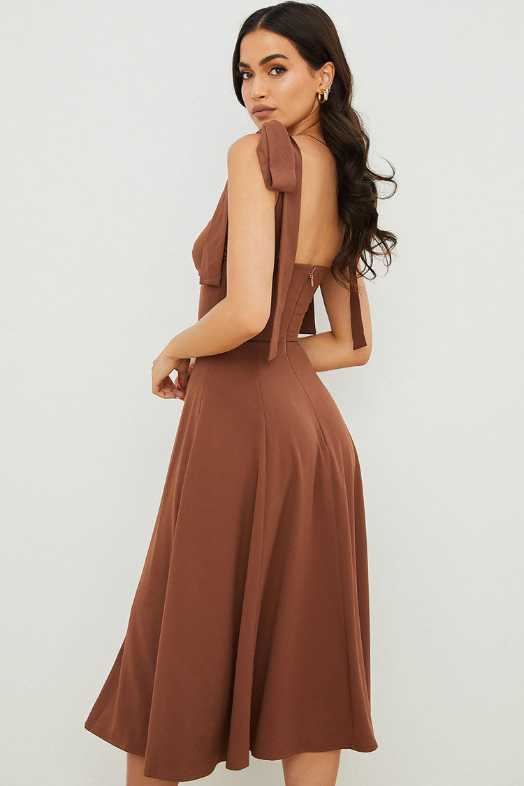 Women’s Midi Slip Dress - Fit and Flare - Ruched Bust - High Slit - Tie Strap Detail
