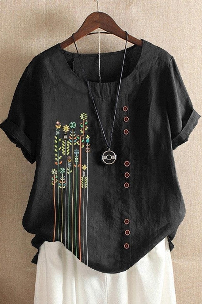 Women’s T-Shirt – Relaxed Fit – Short Sleeve – Round Neck – Asymmetric Floral Detail – Breathable Blend