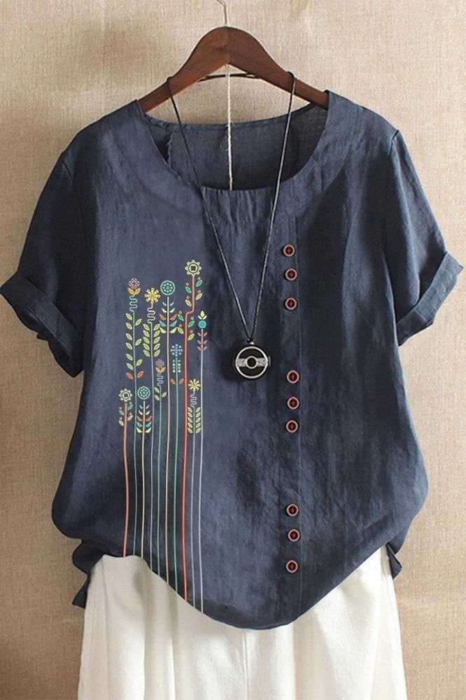 Women’s T-Shirt – Relaxed Fit – Short Sleeve – Round Neck – Asymmetric Floral Detail – Breathable Blend