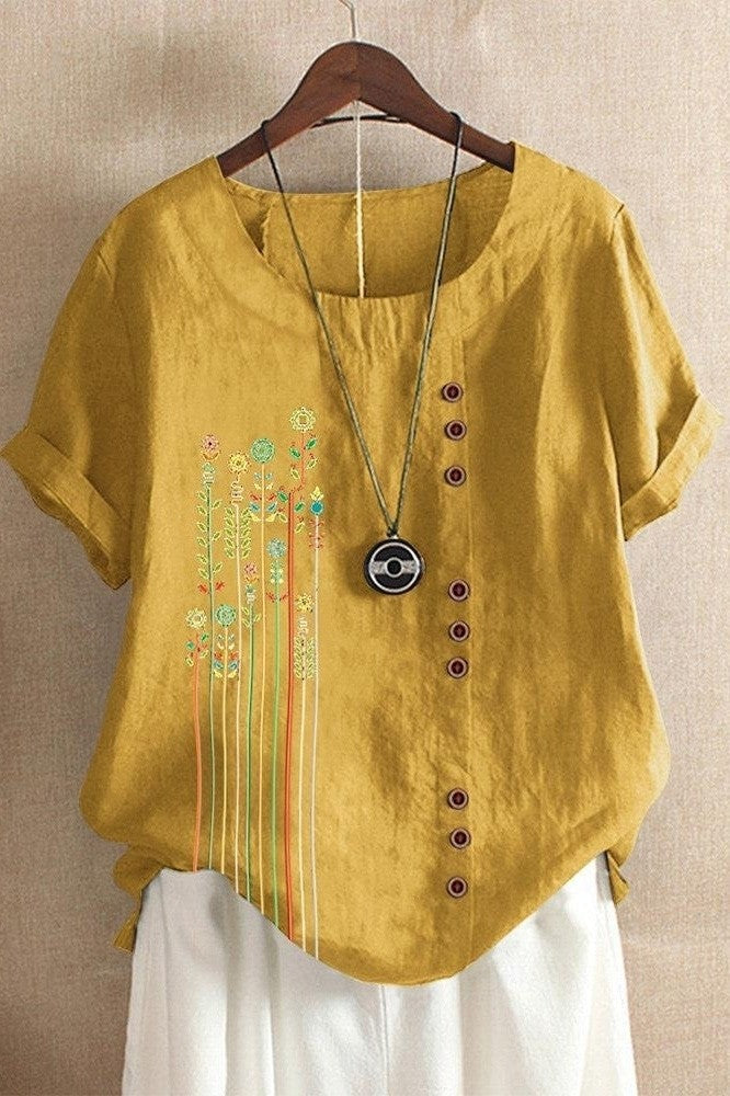 Women’s T-Shirt – Relaxed Fit – Short Sleeve – Round Neck – Asymmetric Floral Detail – Breathable Blend