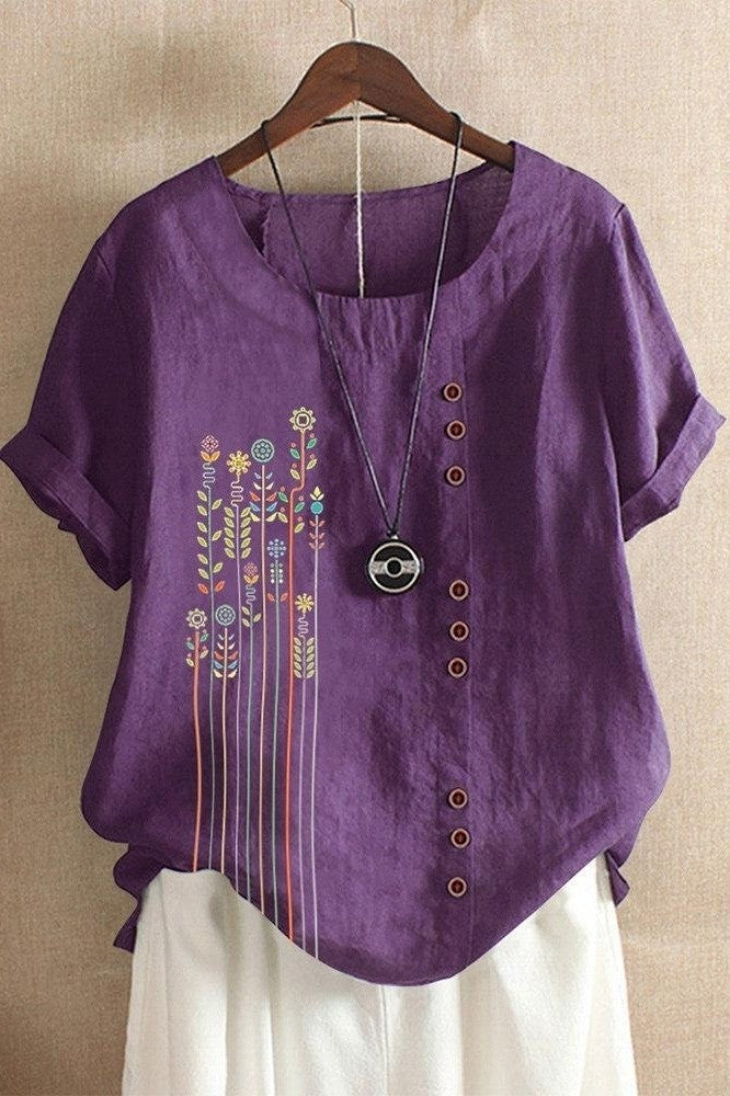 Women’s T-Shirt – Relaxed Fit – Short Sleeve – Round Neck – Asymmetric Floral Detail – Breathable Blend