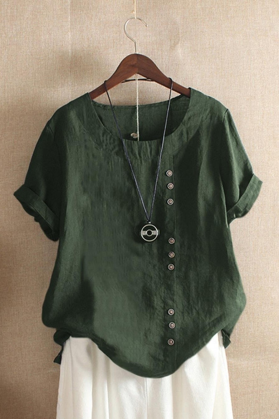 Women’s Blouse – Relaxed Fit – Breathable Blend – Round Neck – Short Sleeve – Button Detail