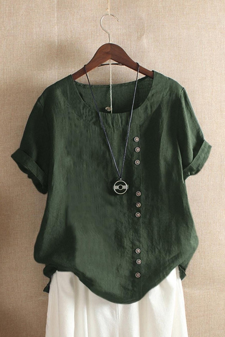 Women’s Blouse – Relaxed Fit – Breathable Blend – Round Neck – Short Sleeve – Button Detail