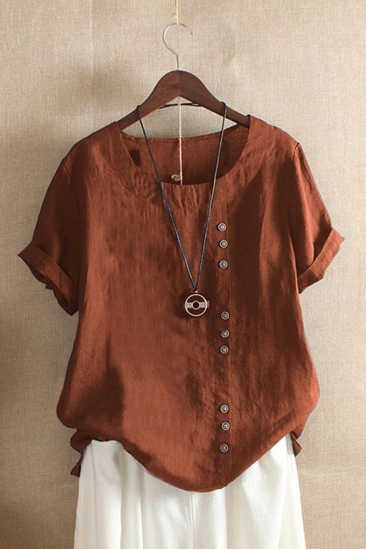 Women’s Blouse – Relaxed Fit – Breathable Blend – Round Neck – Short Sleeve – Button Detail