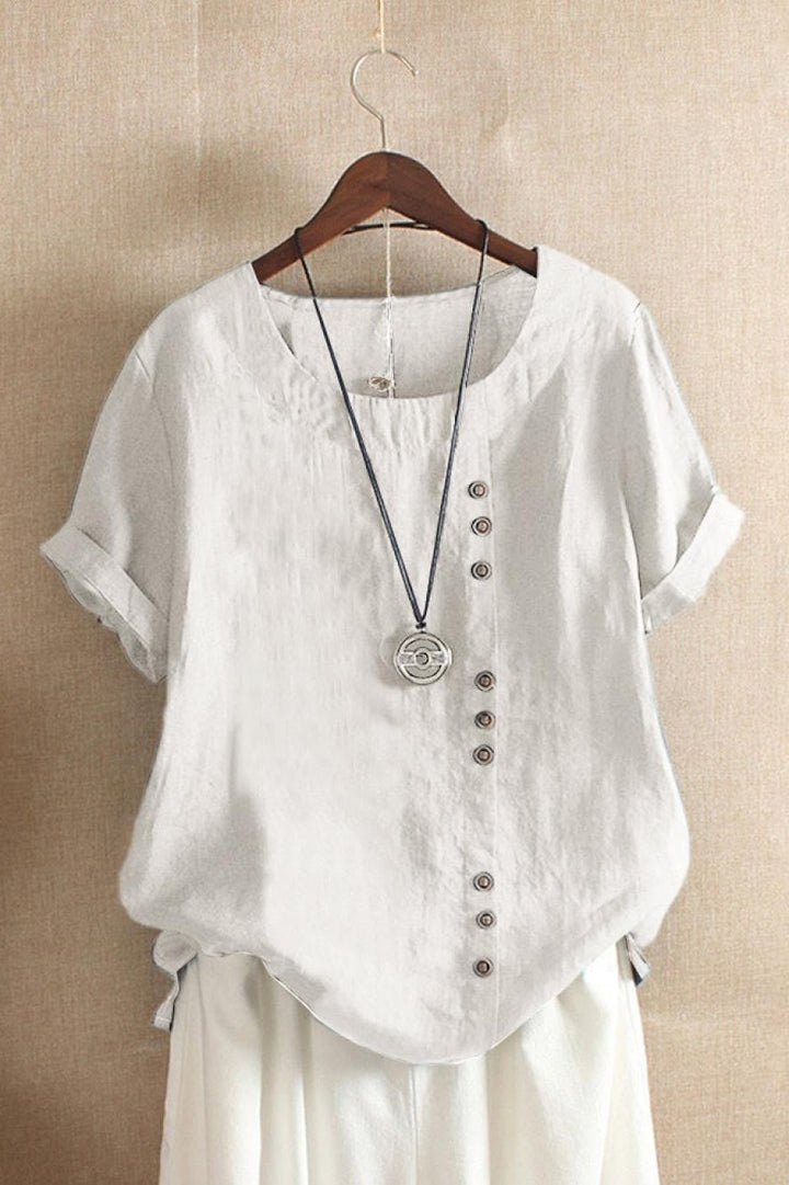 Women’s Blouse – Relaxed Fit – Breathable Blend – Round Neck – Short Sleeve – Button Detail