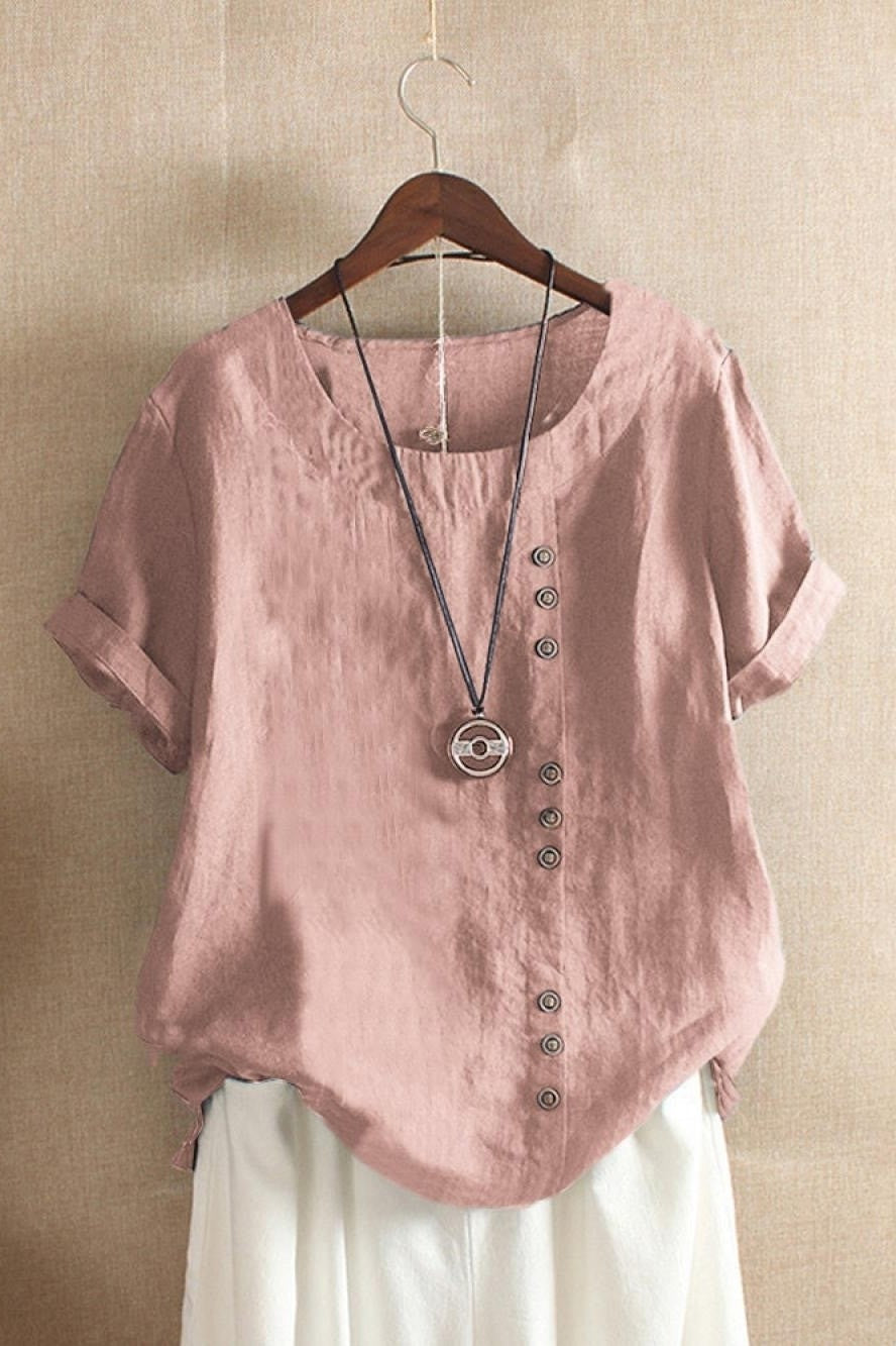 Women’s Blouse – Relaxed Fit – Breathable Blend – Round Neck – Short Sleeve – Button Detail
