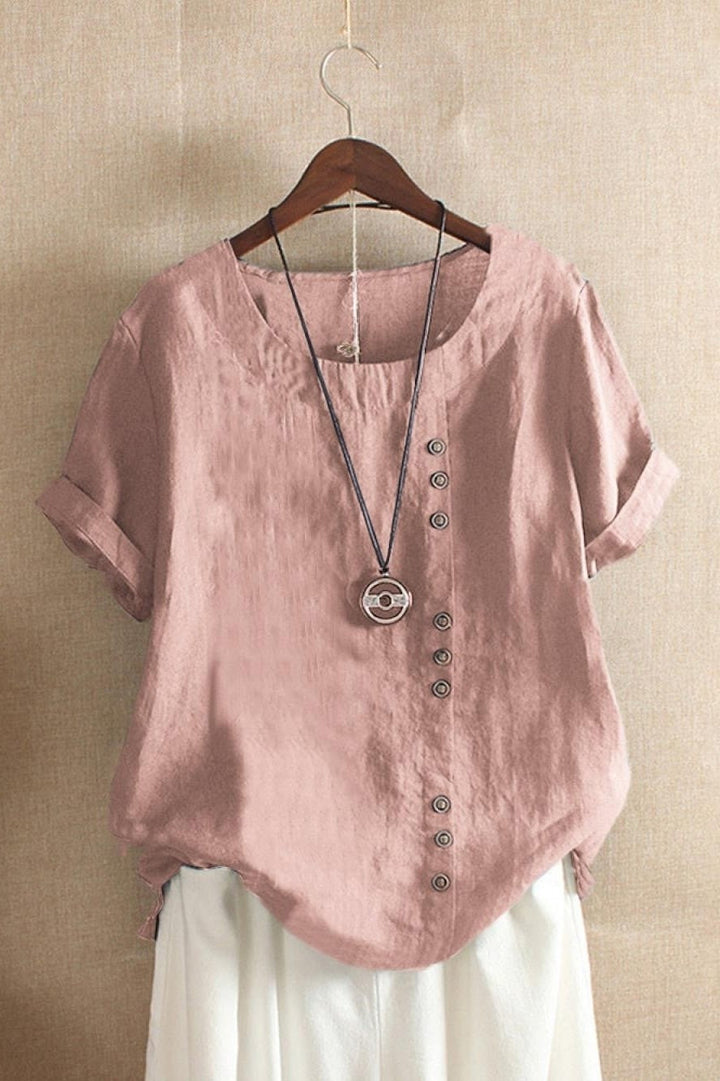 Women’s Blouse – Relaxed Fit – Breathable Blend – Round Neck – Short Sleeve – Button Detail