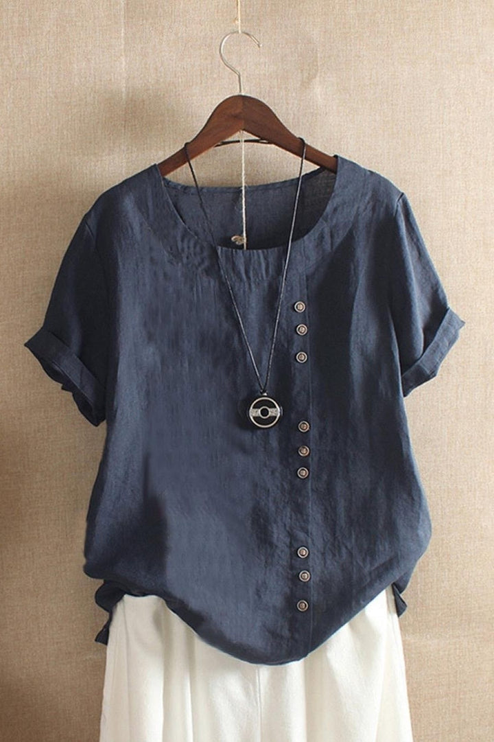 Women’s Blouse – Relaxed Fit – Breathable Blend – Round Neck – Short Sleeve – Button Detail