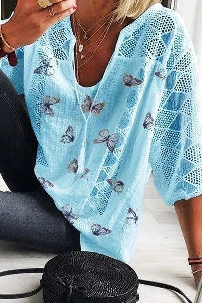 Women’s Blouse – Relaxed Fit – V-Neck – 3/4 Sleeve – Lace Detail – Butterfly Print – Soft Draped Fabric