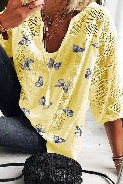 Women’s Blouse – Relaxed Fit – V-Neck – 3/4 Sleeve – Lace Detail – Butterfly Print – Soft Draped Fabric