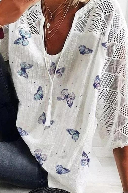 Women’s Blouse – Relaxed Fit – V-Neck – 3/4 Sleeve – Lace Detail – Butterfly Print – Soft Draped Fabric