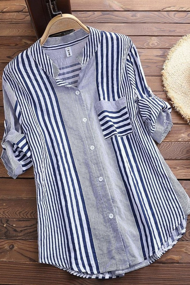 Women’s Blouse – Relaxed Fit – Stand Collar – 3/4 Sleeve – Breathable Blend – Button Down