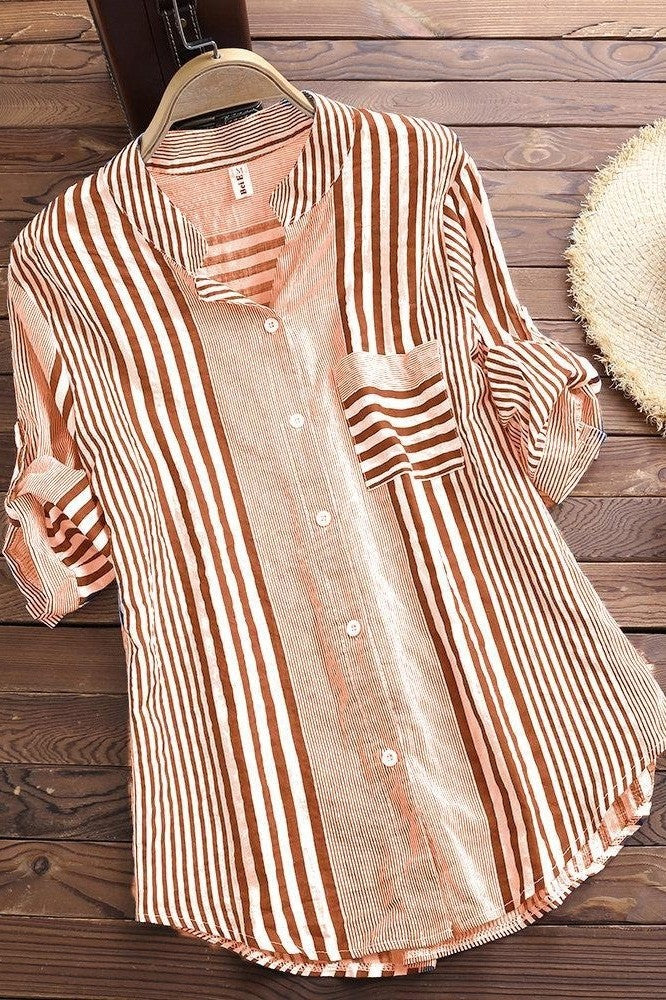 Women’s Blouse – Relaxed Fit – Stand Collar – 3/4 Sleeve – Breathable Blend – Button Down