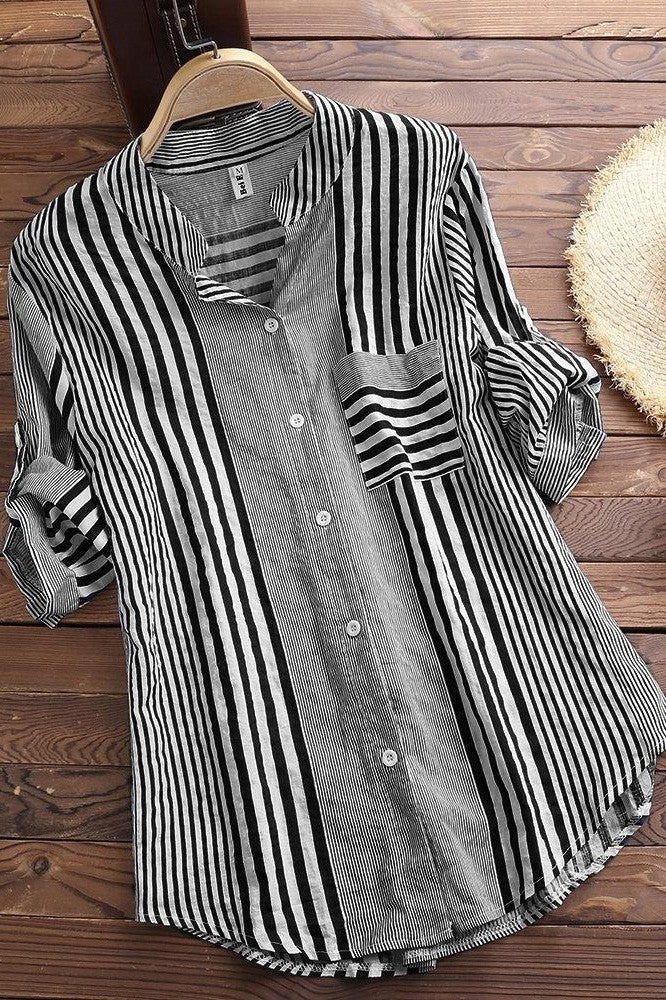 Women’s Blouse – Relaxed Fit – Stand Collar – 3/4 Sleeve – Breathable Blend – Button Down