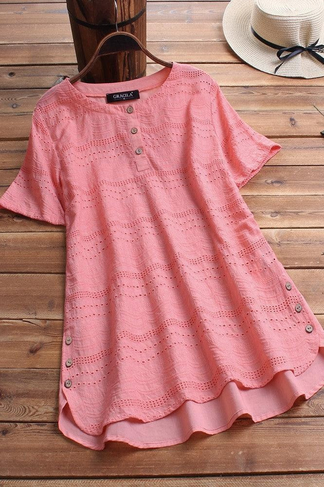 Women’s T-Shirt – Loose Fit – Breathable Blend – Eyelet Detail – Button Front – O-Neck