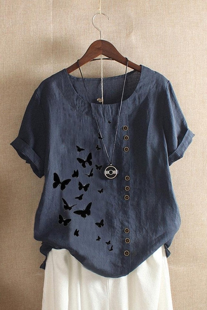 Women’s T-Shirt – Relaxed Fit – Rolled Short Sleeves – O-Neck – Butterfly Print – Breathable Blend