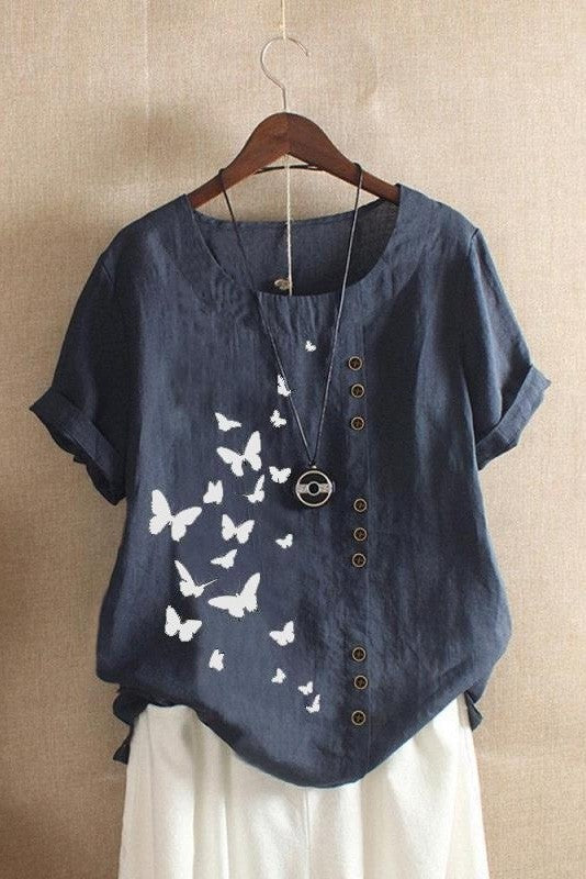Women’s T-Shirt – Relaxed Fit – Rolled Short Sleeves – O-Neck – Butterfly Print – Breathable Blend