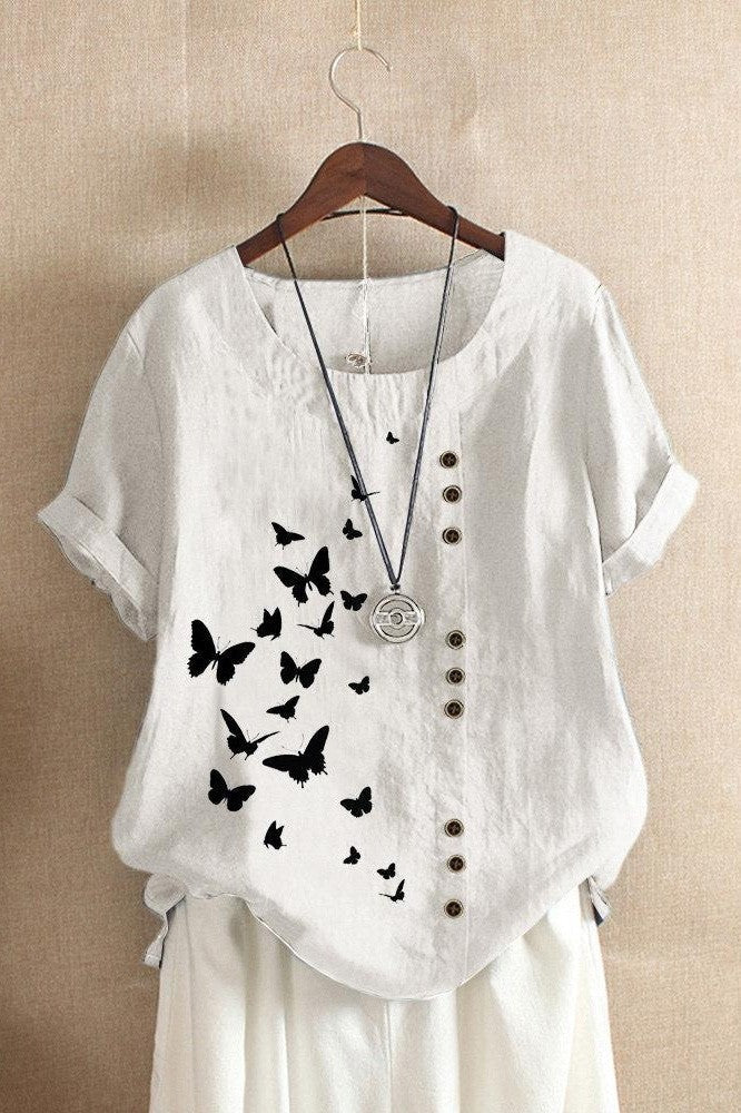 Women’s T-Shirt – Relaxed Fit – Rolled Short Sleeves – O-Neck – Butterfly Print – Breathable Blend