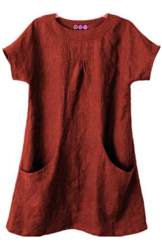 Women’s Blouse – Relaxed Fit – Short Sleeve – Natural Fibers – Pleated Front – Pockets