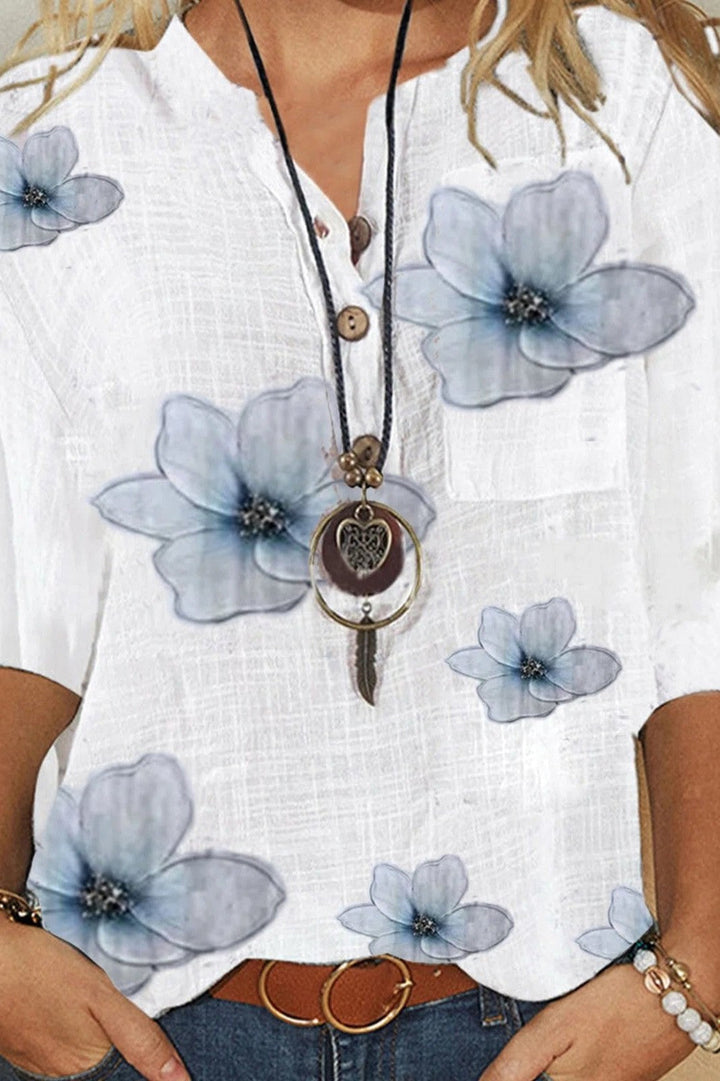 Women’s Blouse – Relaxed Fit – V-Neck – Half Sleeve – Floral Print – Natural Fibers