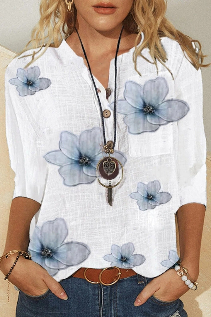Women’s Blouse – Relaxed Fit – V-Neck – Half Sleeve – Floral Print – Natural Fibers