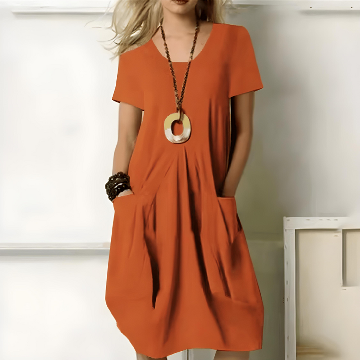 Women’s Midi Dress – Relaxed Fit – Short Sleeve – Round Neck – Breathable Blend – Casual