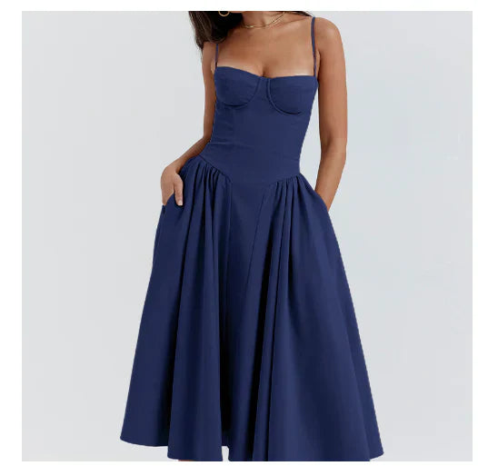 Women's Midi Dress - Sleeveless A-Line - Spaghetti Straps - Flowy Elegant Fit