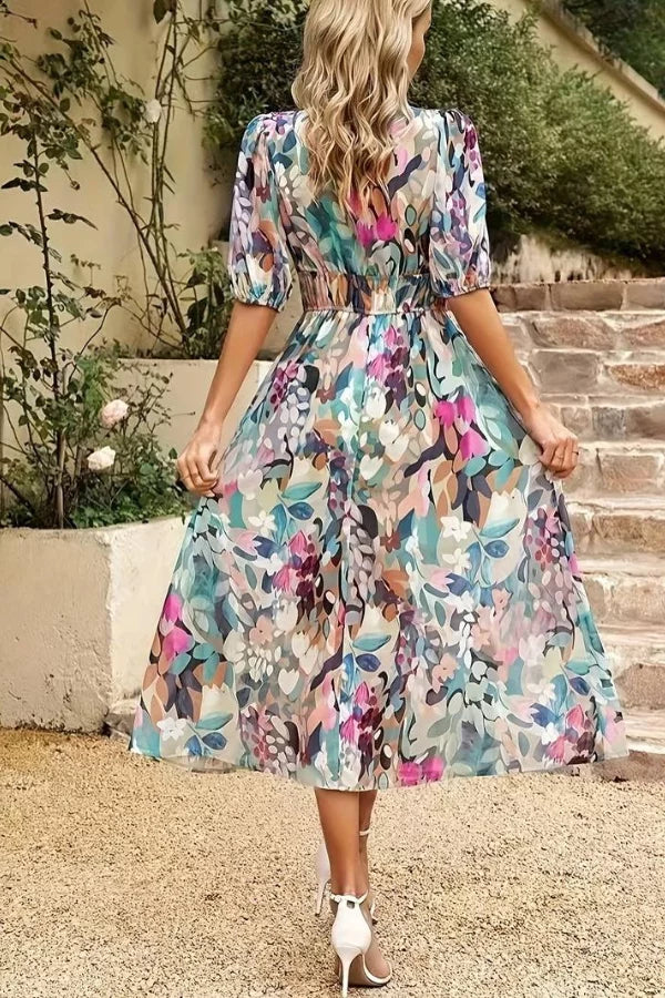 Women’s Midi Dress - Breathable Blend - Flowy Fit - V-Neck - Puff Sleeve - Floral Pattern