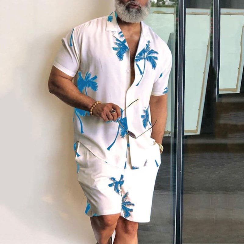 Men’s Shirt and Shorts Set - Relaxed Fit - Cotton Blend - Notch Collar Casual Wear