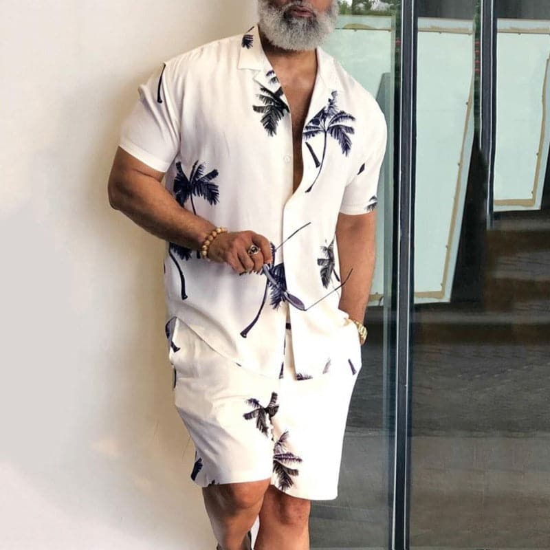 Men’s Shirt and Shorts Set - Relaxed Fit - Cotton Blend - Notch Collar Casual Wear