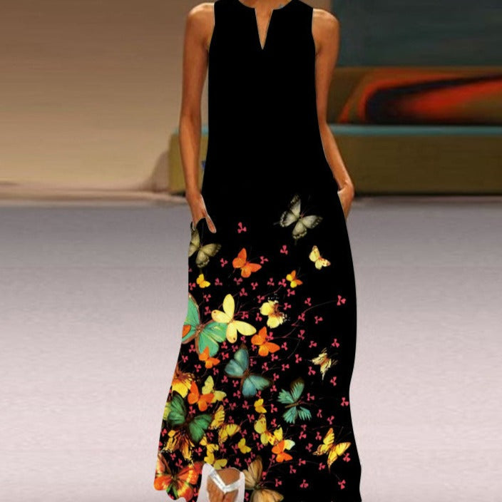 Women's Sleeveless Maxi Dress - Flowing A-Line Fit - V-Neck with Butterfly Print - Pockets