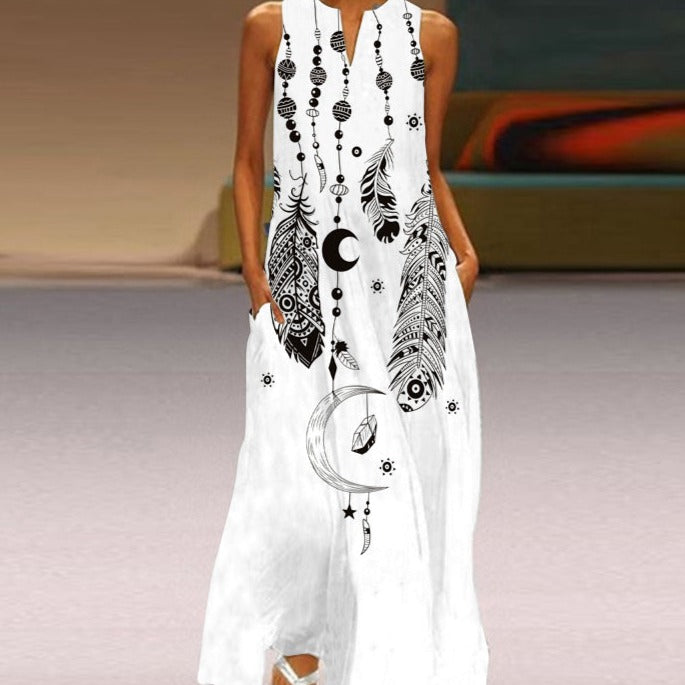 Women's Sleeveless Maxi Dress - Flowing A-Line Fit - V-Neck with Butterfly Print - Pockets