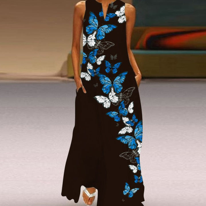 Women's Sleeveless Maxi Dress - Flowing A-Line Fit - V-Neck with Butterfly Print - Pockets