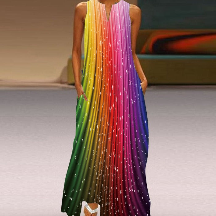 Women's Sleeveless Maxi Dress - Flowing A-Line Fit - V-Neck with Butterfly Print - Pockets