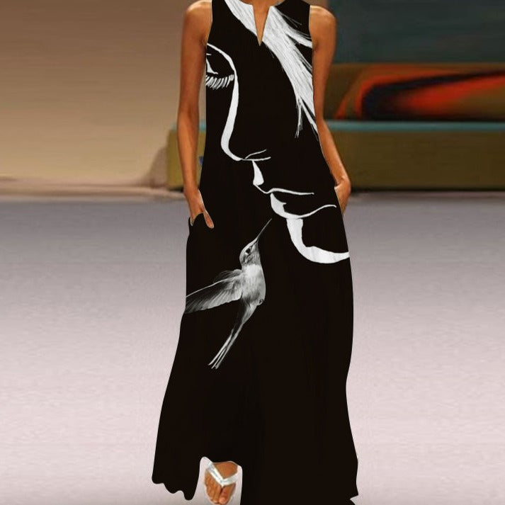 Women's Sleeveless Maxi Dress - Flowing A-Line Fit - V-Neck with Butterfly Print - Pockets