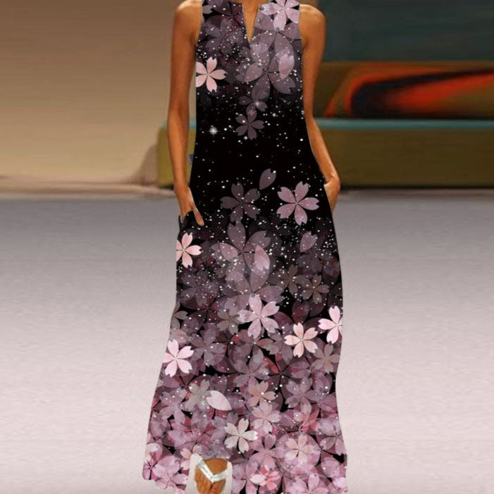 Women's Sleeveless Maxi Dress - Flowing A-Line Fit - V-Neck with Butterfly Print - Pockets
