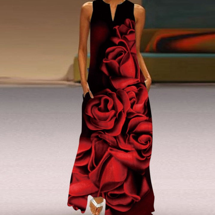 Women's Sleeveless Maxi Dress - Flowing A-Line Fit - V-Neck with Butterfly Print - Pockets