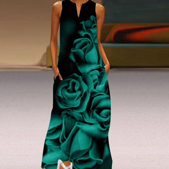 Women's Sleeveless Maxi Dress - Flowing A-Line Fit - V-Neck with Butterfly Print - Pockets