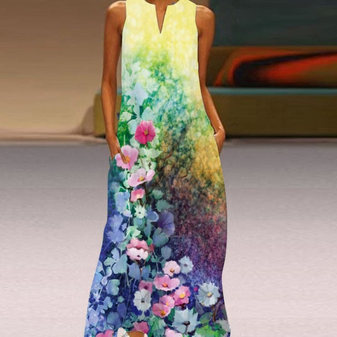 Women's Sleeveless Maxi Dress - Flowing A-Line Fit - V-Neck with Butterfly Print - Pockets
