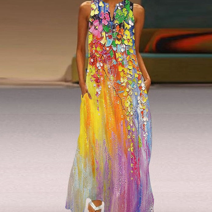 Women's Sleeveless Maxi Dress - Flowing A-Line Fit - V-Neck with Butterfly Print - Pockets