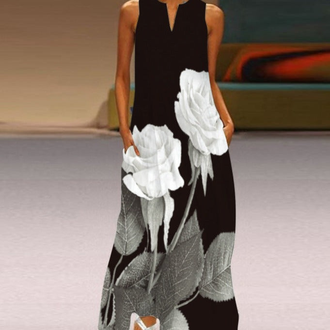 Women's Sleeveless Maxi Dress - Flowing A-Line Fit - V-Neck with Butterfly Print - Pockets