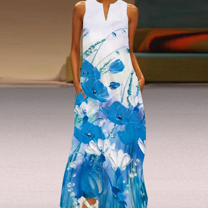 Women's Sleeveless Maxi Dress - Flowing A-Line Fit - V-Neck with Butterfly Print - Pockets