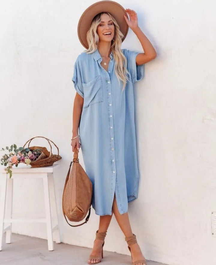 Women’s Shirt Dress – Relaxed Fit – Short Sleeve – Button Front – Breathable Blend