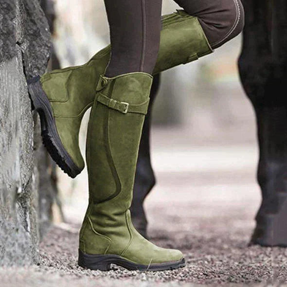Women’s Knee-High Boots – Buckle Strap – Traction Sole