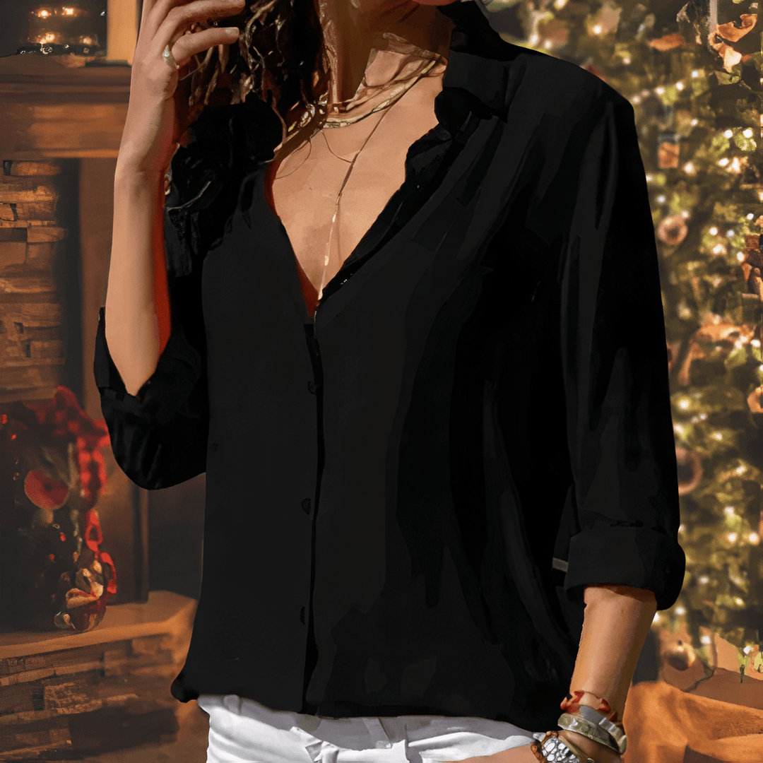 Women’s Blouse – Relaxed Fit – Button-Up Front – Three-Quarter Sleeve – Lightweight Draped Style