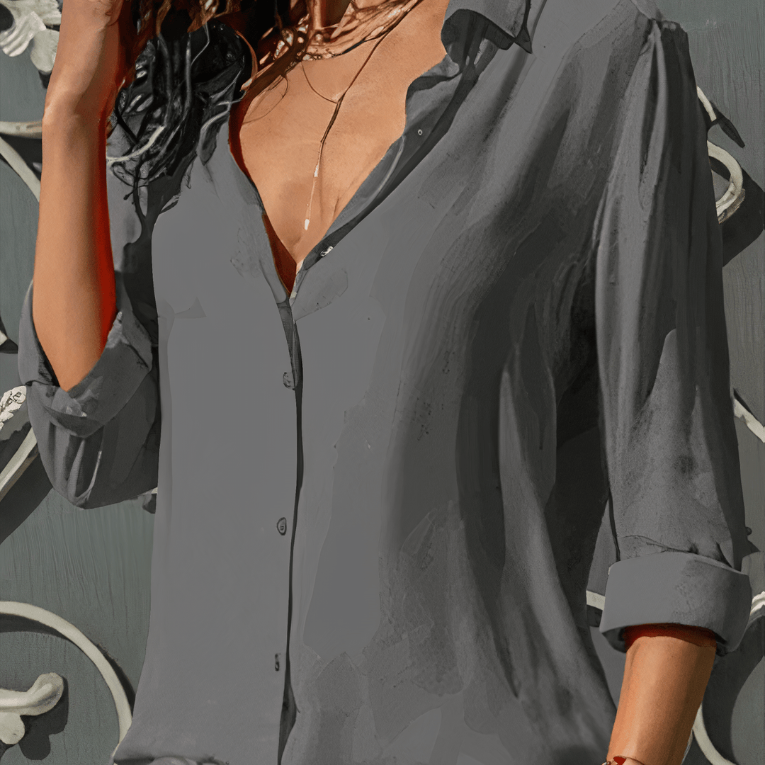 Women’s Blouse – Relaxed Fit – Button-Up Front – Three-Quarter Sleeve – Lightweight Draped Style