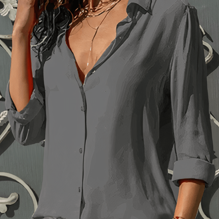 Women’s Blouse – Relaxed Fit – Button-Up Front – Three-Quarter Sleeve – Lightweight Draped Style