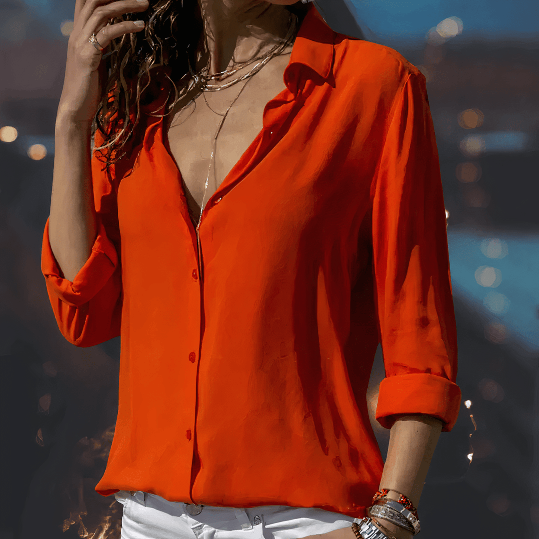 Women’s Blouse – Relaxed Fit – Button-Up Front – Three-Quarter Sleeve – Lightweight Draped Style