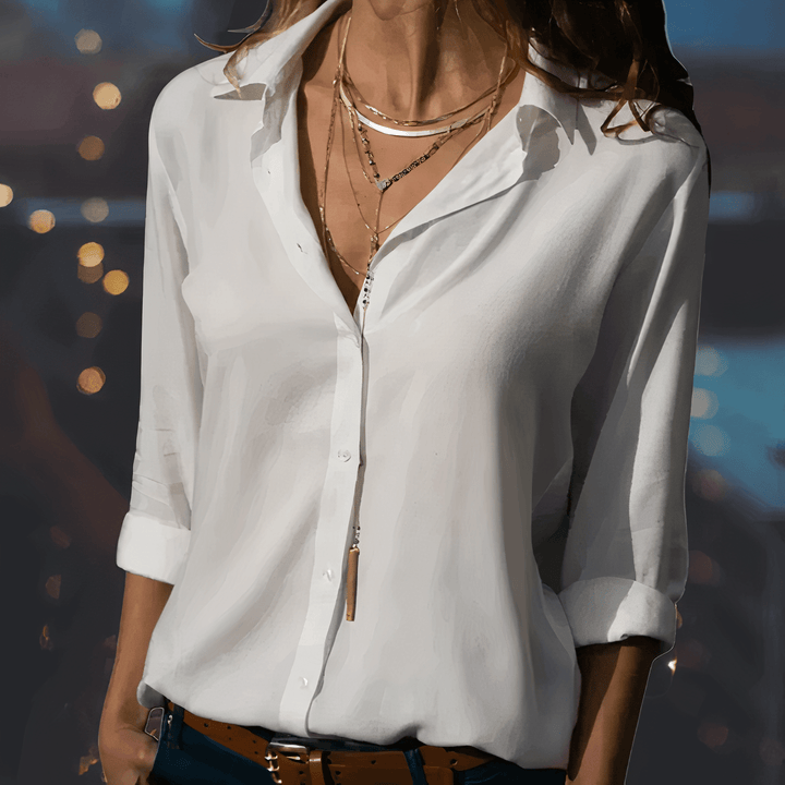Women’s Blouse – Relaxed Fit – Button-Up Front – Three-Quarter Sleeve – Lightweight Draped Style